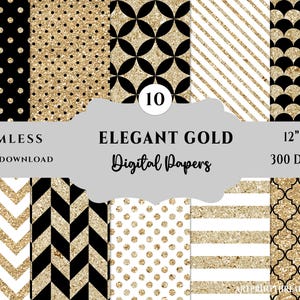 Elegant Gold and Black Digital Paper, Geometric & Polka Dot Backgrounds, Seamless Glitter Patterns , Scrapbook Papers , Commercial Use