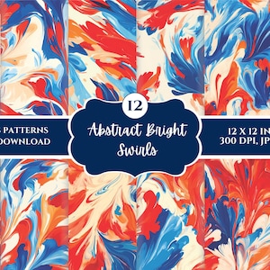 Abstract Bright Swirls Seamless Repeating Pattern , Modern Marbling Pattern in Orange Red, Blue , Instant Digital Download , Commercial Use