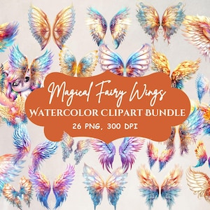 Magical Fairy Wings Clipart, Watercolor Angel Wing Clip Art, Pastel Fantasy Graphics, Magic Rainbow Colors Enchanted Wing PNG Set
