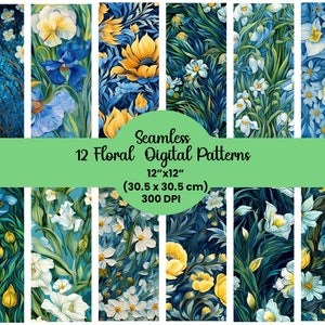 Van Gogh inspirierte Drucke, Aquarell Blumen Digitales Papier, gelbe und grüne Blumentapete, für Collage Junk Journal Karten