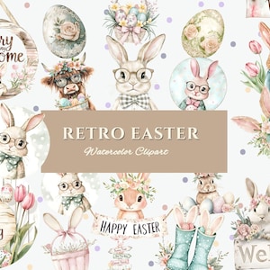 Retro Easter Bunny Clipart Bundle, Watercolor Spring Bunnies, Bunny Clipart for Baby Nursery Baby Shower Invitations Birthday Invites