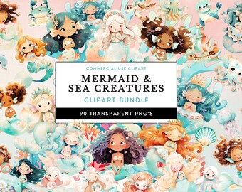 Watercolor Mermaid Clipart, Sea Creatures PNG, Nursery Art (Digital Download)