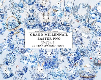 Blue Floral Chinoiserie Bunny Easter Clipart (PNG)