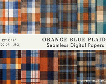 Carta digitale con motivo scozzese blu-arancio senza cuciture, sfondo in tessuto a quadri tartan rustico, download immediato