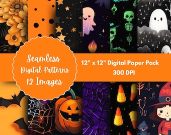 May include: A set of 12 digital paper patterns featuring Halloween themes. The patterns include pumpkins, ghosts, bats, candy corn, stars, polka dots, and more. The papers are 12 inches by 12 inches and 300 DPI.