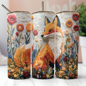 3D Embroidered Fox Tumbler Wrap 20 oz Skinny Tumbler Sublimation Design Digital Download Cute Floral Fox Png Design Print Fox Tumbler Gifts