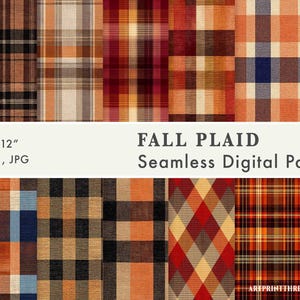 Könnte beinhalten: Eine Sammlung von Herbst-Plaid-Mustern in verschiedenen Farben, darunter Orange, Braun und Rot. Das Bild zeigt mehrere nahtlose digitale Papiere, die jeweils 30,48 cm x 30,48 cm messen. Der Text "FALL PLAID Seamless Digital Papers" ist zu sehen.