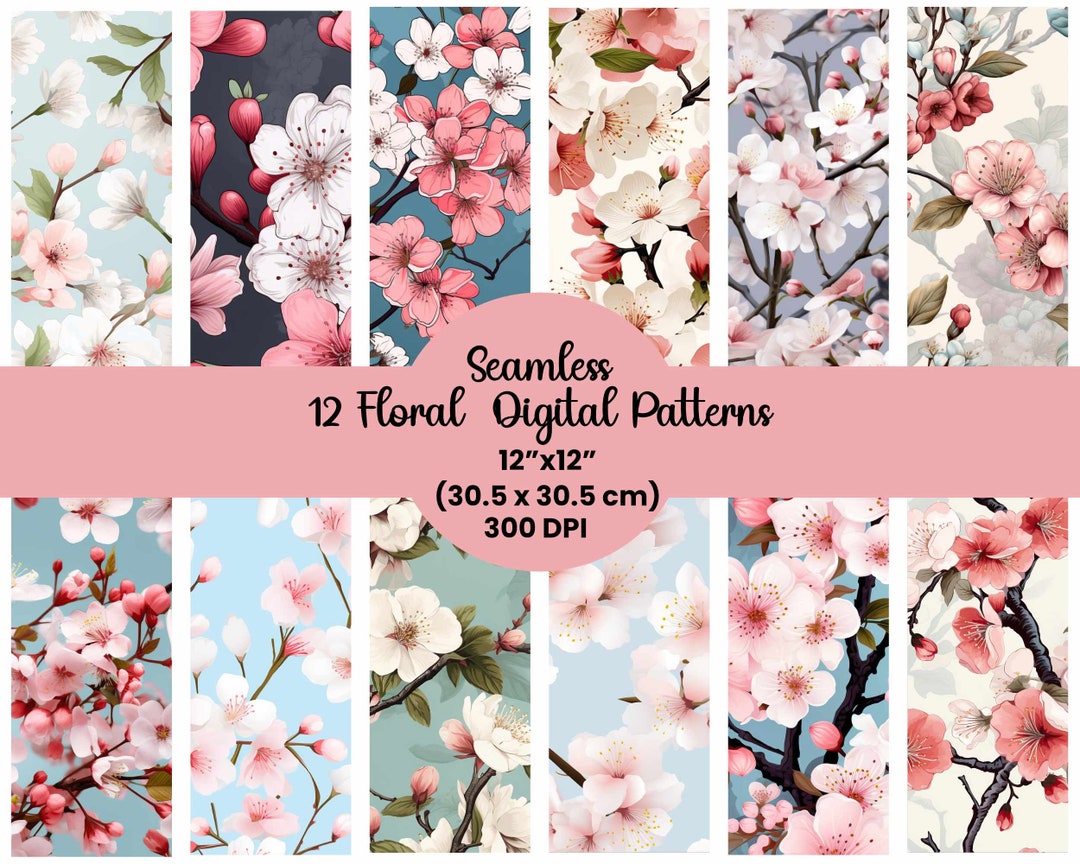 Cherry Blossom Seamless Pattern, Spring Floral Collage Pack, Flowers ...