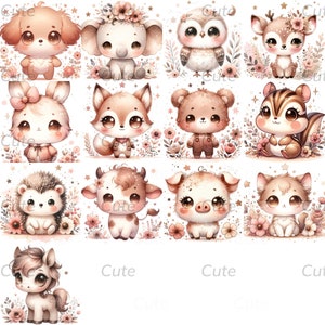 May include: A set of 13 digital illustrations featuring cute cartoon animals with large eyes and pastel colours. The animals include a dog, elephant, owl, deer, rabbit, fox, bear, squirrel, hedgehog, cow, pig, cat, and a horse. Each animal is surrounded by flowers and stars.