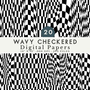 May include: A collection of 20 digital papers with a black and white wavy checkered pattern. The papers are 12" x 12" and 300 DPI, in JPG format. The text "WAVY CHECKERED Digital Papers" is displayed.