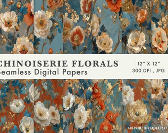 Chinoiserie Floral Motifs  Seamless Pattern Flower Digital Paper Pack Junk Journal, Instant Download, Repeating File for Sublimation