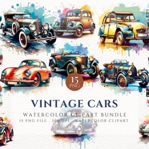 Watercolor Vintage Cars Png Clipart Bundle, Retro Car Digital Art Print, Car Lover Gift , Card Making , Commercial Use , Digital Download