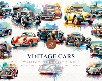 Paquete de imágenes prediseñadas de coches antiguos en acuarela, impresión de arte digital de coches retro, regalo para amantes de los coches, creación de tarjetas, uso comercial, descarga digital