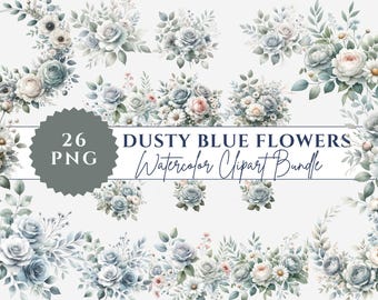 Watercolor Dusty Blue Floral Clipart Bundle, Roses, Peonies (Digital Download)