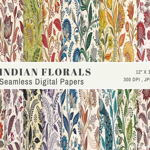 Indian Floral Motifs Digital Papers, Flower Seamless Printables, Junk Journal, Commercial Use, Instant Download, Repeating Sublimation File