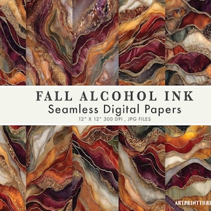 May include: A collection of seamless digital papers with an abstract design. The papers feature a mix of colors, including burgundy, gold, orange, and brown. The text "FALL ALCOHOL INK Seamless Digital Papers" is displayed. Each paper is 12" x 12" and 300 DPI.