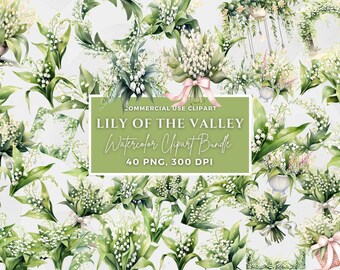 Può includere: Un pacchetto digitale di clipart con 40 illustrazioni ad acquerello di mughetti. I fiori sono bianchi e verdi e sono disposti in vari bouquet e ghirlande. Il testo "COMMERCIAL USE CLIPART LILY OF THE VALLEY Watercolor Clipart Bundle 40 PNG, 300 DPI" è visualizzato su un rettangolo verde.