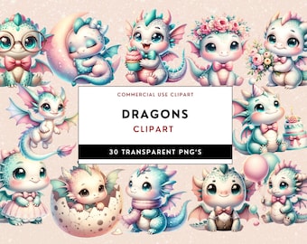 Watercolor Baby Dragon Clipart, Nursery Decor PNG Files (Digital Download)
