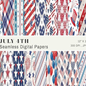 4th July digital Papers Vintage Americana Seamless Patterns Red White Blue Printable Scrapbook Paper Independence Day Png Digital Download