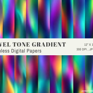 Peut inclure: Papiers numériques sans couture avec un dégradé de tons bijoux. Les papiers mesurent 30,48 cm x 30,48 cm et sont disponibles en fichiers JPG à 300 DPI. Le design présente un mélange de couleurs vives, notamment le violet, le vert et l'orange.