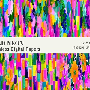 Bold Neon Floral Digital Paper Pack Flower Seamless Patterns Junk Journal, Commercial Use, Instant Download, Repeating File for Sublimation