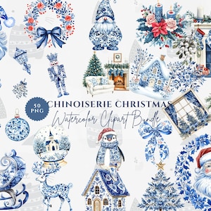 Elegante chinoiserie blauwe kerst png clipartbundel, blauw-witte toile winter clipart, vakantie clipart, junk Journal, Grandmillennial