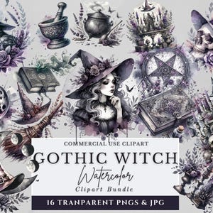 May include: A set of 16 watercolour illustrations featuring gothic witch themes. The illustrations include a witch, a cauldron, a skull, a broom, a book, a crystal ball, a pentagram, a castle, and candles. The illustrations are in shades of purple, black, and white.