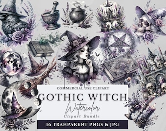 Bundle de cliparts aquarelle sorcière gothique, art PNG mystique (300 DPI)