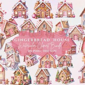 Bonita casa de jengibre de acuarela rosa, clipart PNG, impresión navideña en colores pastel, clipart de galletas de jengibre, descarga digital para uso comercial
