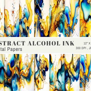 May include: A collection of abstract digital papers with alcohol ink designs. The papers feature flowing patterns in shades of blue, yellow, and gold. The text "ABSTRACT ALCOHOL INK Digital Papers" is displayed, along with the dimensions 12" x 12" and file details.