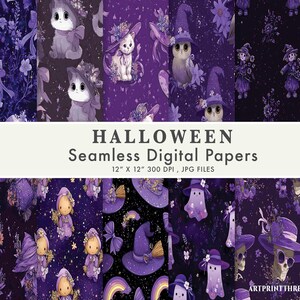 Bezproblemowy papier cyfrowy na Halloween, urocze wzory z duchami i dyniami, upiorne tła do scrapbookingu do druku, pliki do pobrania