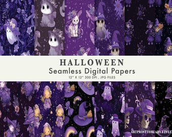 Sömlöst digitalt Halloween-papper, söta spöken och pumpor-mönster, utskrivbara scrapbook-bakgrunder, digitala nedladdningar