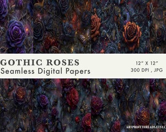 Gothic Roses Seamless Pattern, Dark Floral Digital Paper,Elegant Scrapbook Patterns, Vintage Background,Instant Download, Repeating Files