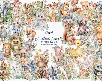 Bundle de cliparts aquarelle animaux de la forêt, oeuvre d'art pour chambre d'enfant (PNG numérique)