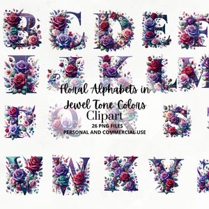 Bundle de cliparts PNG alphabet floral aquarelle, fleurs décoratives lettres bijoux tons mariage monogramme téléchargement numérique sublimation dessins