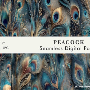 Peacock feather seamless pattern, elegant digital paper, colorful plumage design, printable background texture, Instant Download