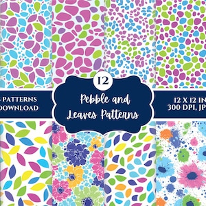 Seamless Pebbles & Leaves Digital Pattern , Pebble Background in Blue, Green, Purple Colors, Digital Paper , Instant Digital Download