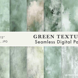 May include: A collection of seamless digital papers with green textures. Each paper is 12" x 12" and 300 DPI. The papers feature various shades of green with subtle variations in texture and design. The text "GREEN TEXTURES Seamless Digital Papers" is displayed.