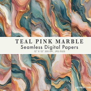 May include: A collection of seamless digital papers featuring a teal, pink, and gold marble design. Each paper measures 12 x 12 inches and is 300 DPI. The papers are available as JPG files. The text on the image reads: Teal Pink Marble Seamless Digital Papers.
