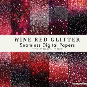 May include: A collection of seamless digital papers with a wine red glitter effect. The papers are 12 x 12 inches and 300 DPI, in JPG format. The image features various shades of red and white glitter.