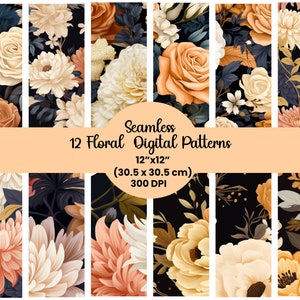 Papel de parede digital floral escuro, arte floral temperamental, papel digital de outono, flores imprimíveis de outono, impressão estética escura, padrão de repetição contínua