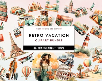 Retro Vacation Clipart, Watercolor Travel PNG Bundle (Digital Download)