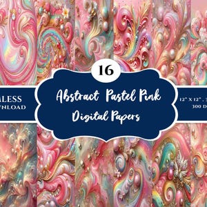 May include: 16 digital papers featuring abstract pastel pink swirls and patterns. Each paper is 12 inches by 12 inches, 3600 pixels by 3600 pixels, and 300 DPI.