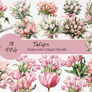 Tulips Clipart, Watercolor Floral Design for Sublimation Crafts, Decor and Scrapbooking, Tulips Bouquet, Printable Clipart, Digital download