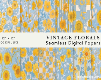 Vintage Floral Seamless Pattern, Yellow Blue Digital Paper (JPG)