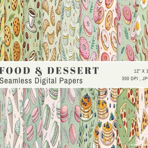 Könnte beinhalten: Digitale Papiere mit nahtlosen Mustern von Speisen und Desserts. Designs umfassen Tacos, Kekse, Kaffee, Croissants, Cupcakes, Donuts, Eier, Speck, Pommes Frites, Eis, Macarons, Pfannkuchen, Pizza und Popcorn. Die Papiere sind 30,48 cm x 30,48 cm und 300 DPI.