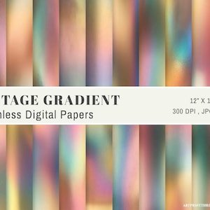 May include: A collection of vintage gradient seamless digital papers. The papers are 12" x 12" and come in JPG files at 300 DPI. The color palette includes soft hues of blue, pink, orange, and green, creating a dreamy, iridescent effect.