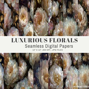 May include: Digital paper featuring a repeating pattern of luxurious, abstract floral designs in shades of white, pink, and gold. The text "LUXURIOUS FLORALS" and "Seamless Digital Papers" is displayed on a white banner. The paper size is 12" x 12".