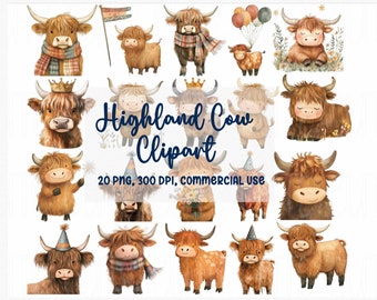 Highland Cow Watercolor Clipart, Farm Animal PNG (Digital Download)
