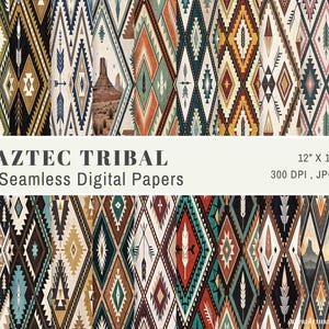 May include: A collection of Aztec tribal seamless digital papers. The patterns feature geometric diamond shapes in various colors, including green, orange, and black. The image includes the text "AZTEC TRIBAL Seamless Digital Papers" and "12" x 12"" dimensions.